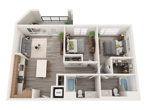 A top-down view of a well-furnished apartment layout.